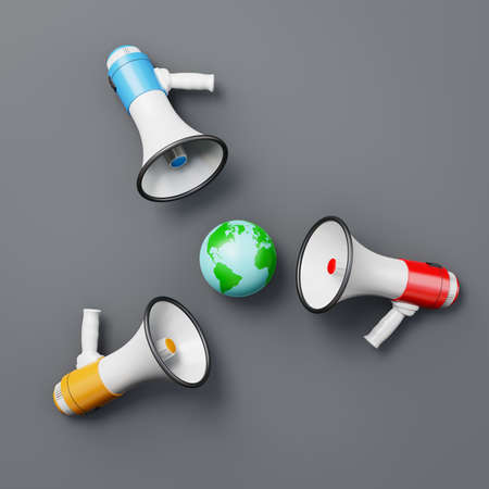 Red, Blue and Yellow Megaphones around the Worldの写真素材
