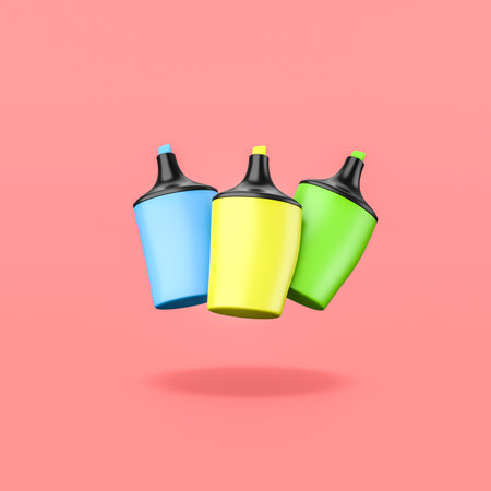 Colorful Highlighters on Red Backgroundの写真素材