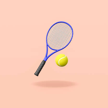 Tennis Racket and Ball on Orange Backgroundの写真素材