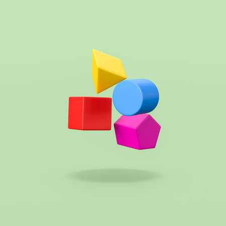 Colorful 3D Geometric Shapes on Green Background