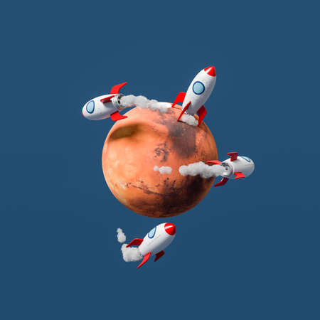 Cartoon Spaceships Flying and Landed on Mars on Blue Background