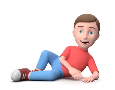 Smiling Young Kid Lying Sideways. 3D Cartoon Character Isolated on Whiteの写真素材