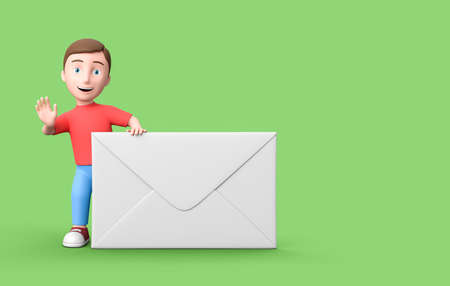 Young Kid 3D Cartoon Character with a White Envelope on Green with Copy Spaceの写真素材