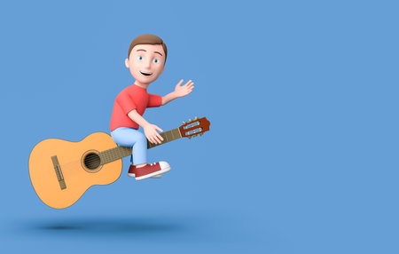 Kid 3D Cartoon Character Flying on a Classical Guitar on Blue with Copy Space