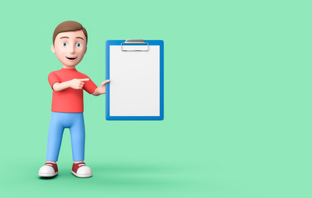 Kid 3D Cartoon Character Pointing a Blank Paper on Green with Copy Spaceの写真素材