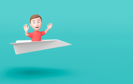 Kid 3D Cartoon Character Flying on a Paper Airplane on Blue with Copy Spaceの写真素材