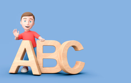 Young Kid 3D Cartoon Character Leaning on ABC Letters on Blue with Copy Spaceの写真素材