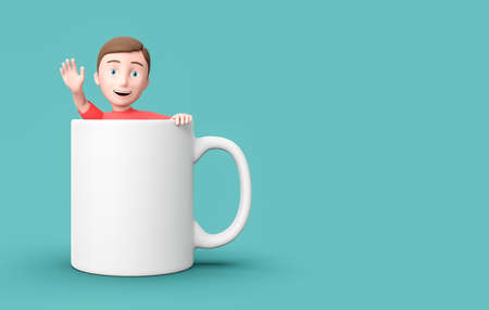 Young 3D Cartoon Character Inside a Mug on Blue Background with Copy Spaceの写真素材