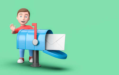 Young 3D Cartoon Character with Mailbox on Blue Background with Copy Space