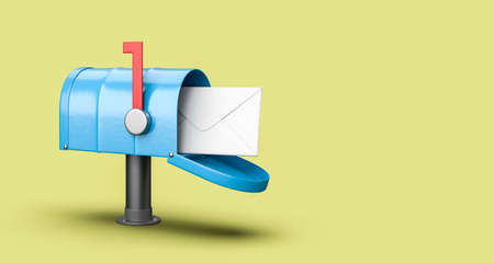 Blue Mailbox with Envelop on Yellow Background with Copy Space 3D Illustrationの写真素材