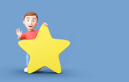 Young 3D Cartoon Character with a Star Shape on Blue Background with Copy Spaceの写真素材