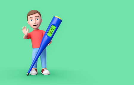Young 3D Cartoon Character with Thermometer on Blue Background with Copy Space