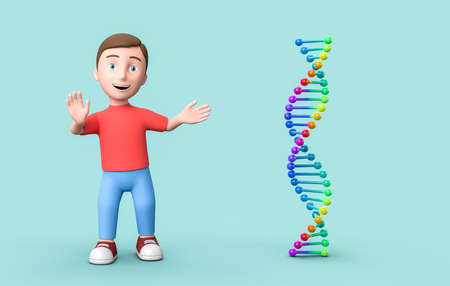 Young 3D Cartoon Character and DNA Chain on Blue Background
