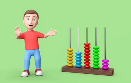 Young 3D Cartoon Character and Abacus on Green Background with Copy Spaceの写真素材