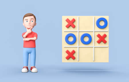 Young 3D Cartoon Character and Tic-Tac-Toe Game on Blue Background