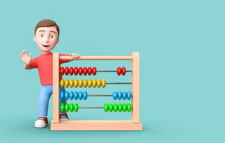 Young 3D Cartoon Character with Abacus on Blue Background with Copy Spaceの写真素材