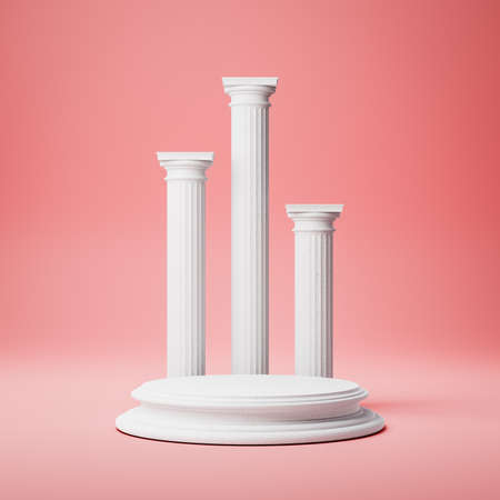 White Rounded Product Display Podium with Ancient Columns on Red Backgroundの写真素材