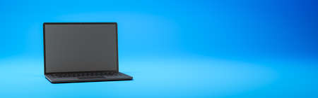 Black Laptop Computer with Blank Screen on Blue Background with Copy Space 3D Render Illustrationの写真素材