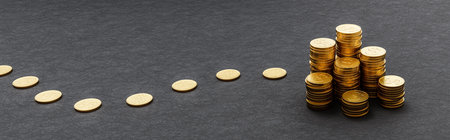 Path to Stacks of Coins on Dark Background with Copy Spaceの写真素材