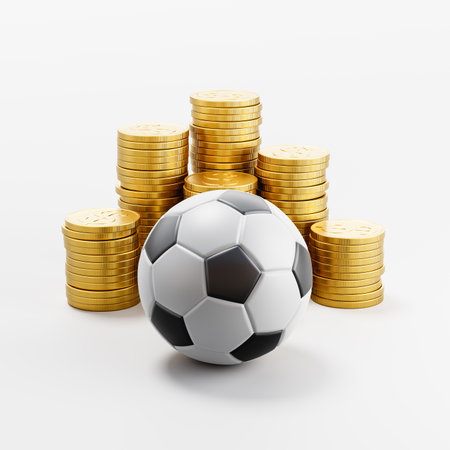 Soccer Ball ahead of Stacks of Coins on Light Gray Backgroundの写真素材