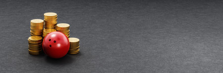 Bowling Ball ahead of Stacks of Coins on Dark Backgroundの写真素材