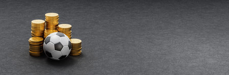 Soccer Ball ahead of Stacks of Coins on Dark Backgroundの写真素材