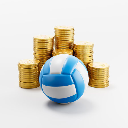Volleyball Ball ahead of Stacks of Coins on Light Gray Backgroundの写真素材