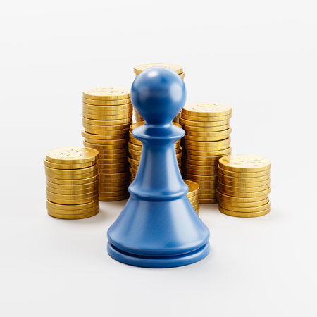 Chess Pawn ahead of Stacks of Coins on Light Gray Backgroundの写真素材