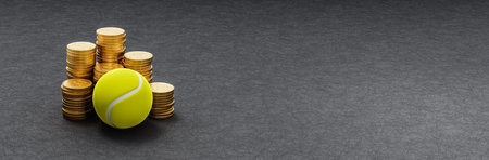 Tennis Ball ahead of Stacks of Coins on Dark Backgroundの写真素材