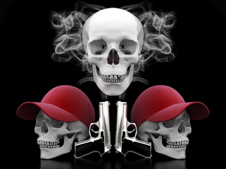 Image of a white skull with a gold tooth on a black backgroundの写真素材