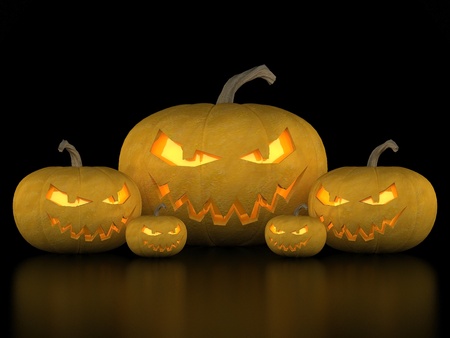 Image sinister pumpkins for Halloween on a black backgroundの写真素材