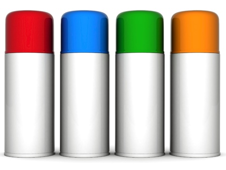 Image of aluminum spray cans of paint on a white backgroundの写真素材