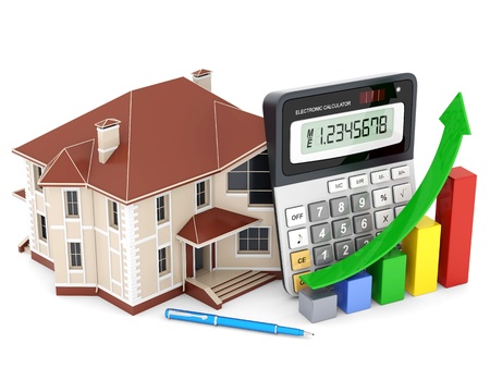 house, calculator and pen on a white backgroundの写真素材