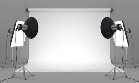 Empty photo studio with lighting equipmentの写真素材