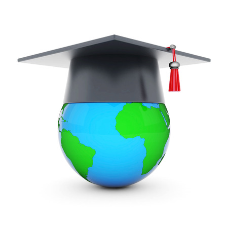 graduate hat and globe isolated on white backgroundの写真素材