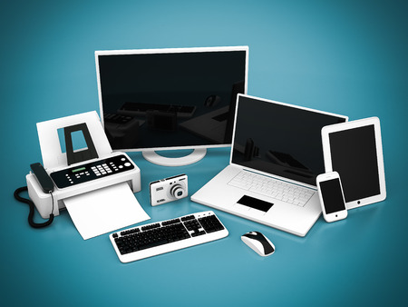 Laptop, Tablet PC and Smartphone on a blue backgroundの写真素材