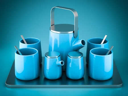 Beautiful tea set on a blue backgroundの写真素材