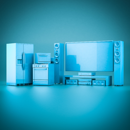 picture of household appliances on a blue backgroundの写真素材