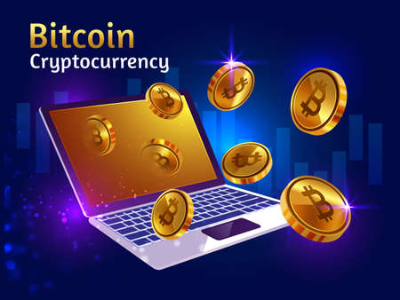 Golden bitcoin cryptocurrency with laptopのイラスト素材