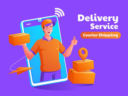 Delivery package service with mobile phoneのイラスト素材