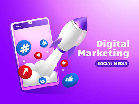 Social media marketing with laptop and boost rocketのイラスト素材