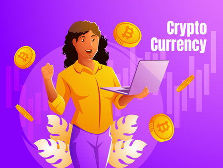 happy woman making profit from cryptocurrency trading investmentのイラスト素材