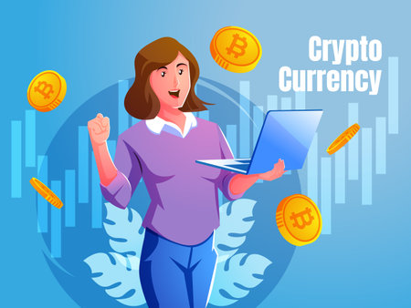 happy woman making profit from cryptocurrency trading investmentのイラスト素材