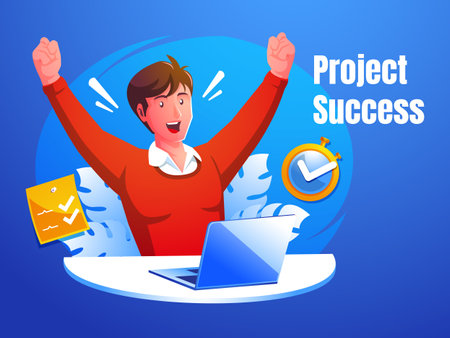 Happy man completing task with hands raised at her workplace, Job well done, Completed taskのイラスト素材