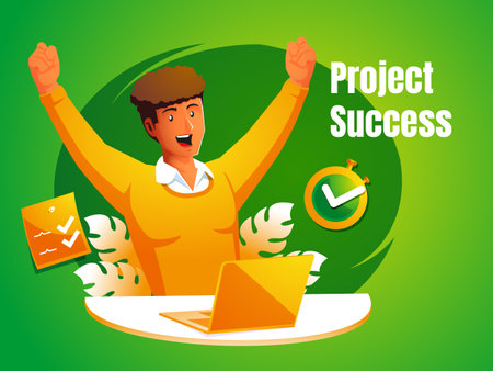 Happy man completing task with hands raised at her workplace, Job well done, Completed taskのイラスト素材