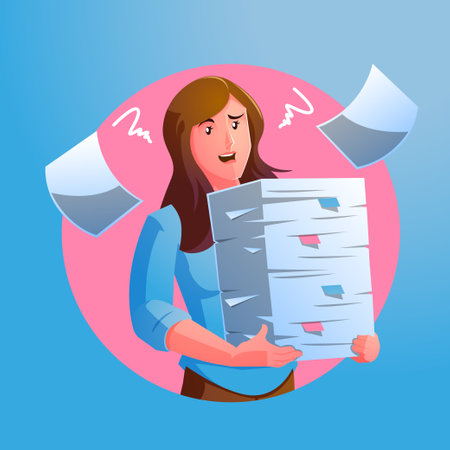 stressed woman carrying piles of paperwork piled upのイラスト素材