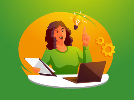 a woman works with a laptop and gets an ideaのイラスト素材