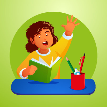 little girl studying in class and raising hand asking teacherのイラスト素材