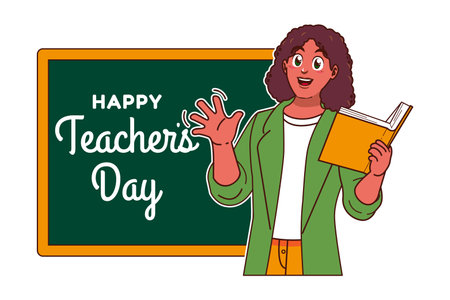 Happy teacher's day. Vector illustration in flat cartoon style on blackboard background.のイラスト素材
