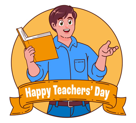 Happy teacher's day. Vector illustration of a man holding a book.のイラスト素材